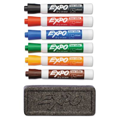 Image showing  Low-Odor Dry Erase Marker and Organizer Kit, Broad Chisel Tip, Assorted, 6-Pack