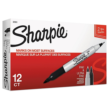 Sharpie Twin-Tip Permanent Markers, Fine/Extra-Fine Bullet Tip, Black, 12-Pack
