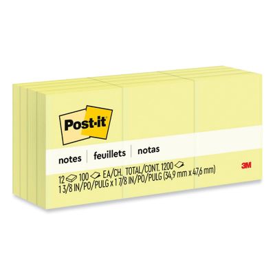 Post-it Notes Original Canary Yellow Note Pads, 1-3/8 in. x 1-7/8 in., 100 Sheets, 12-Pack