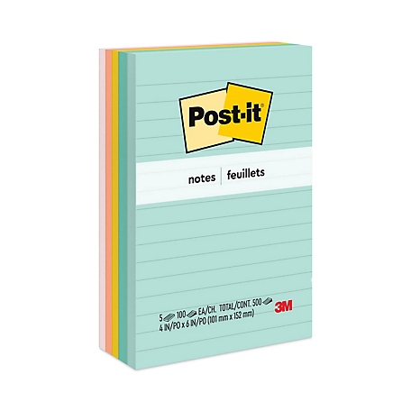 Post-it Notes Original Note Pads in Marseille Colors, Lined, 4 in. x 6 in., 100 Sheets, 5 pk.