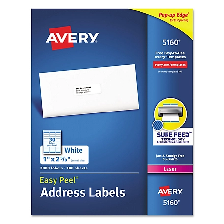 Avery Easy Peel Address Labels with Sure Feed Technology, Laser Printers, 1 in. x 2.63 in., White, 100-Pack