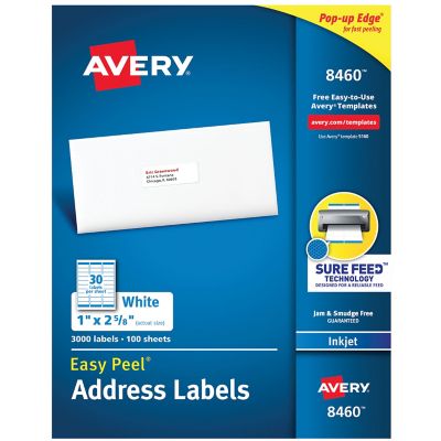 Avery Easy Peel Address Labels with Sure Feed Technology, Inkjet Printers, 1 in. x 2.63 in., White, 100-Pack