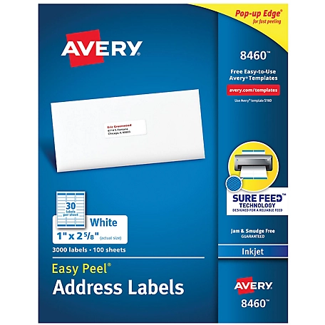 Avery Easy Peel Address Labels with Sure Feed Technology, Inkjet Printers, 1 in. x 2.63 in., White, 100 pk.