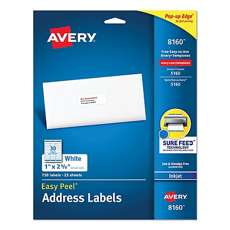 Avery Easy Peel Address Labels with Sure Feed Technology, Inkjet Printers, 1 in. x 2.63 in., White, 25 pk.