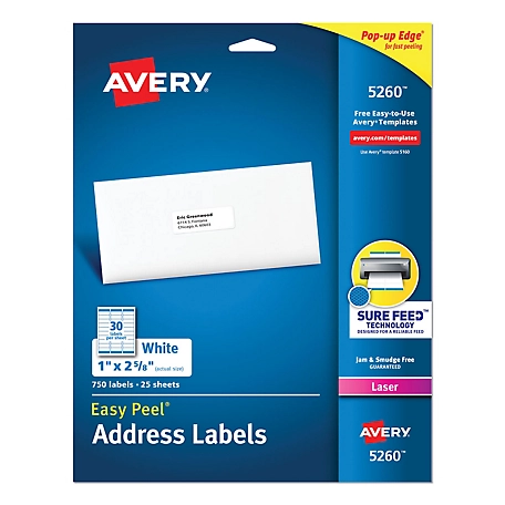 Avery Easy Peel Address Labels with Sure Feed Technology, Laser Printers, 1 in. x 2.63 in., White, 25-Pack