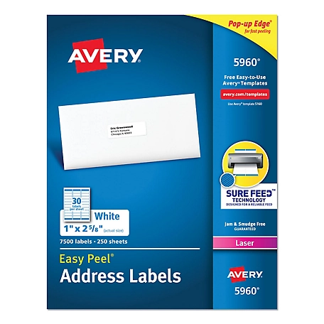 Avery Easy Peel Address Labels with Sure Feed Technology, 1 in. x 2.63 in., White, 250-Pack