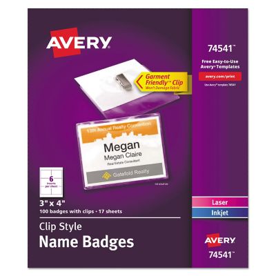 Avery Clip-Style Name Badge Holder with Laser/Inkjet Insert, Top Load, White, 3 x 4 in., 100 pk.