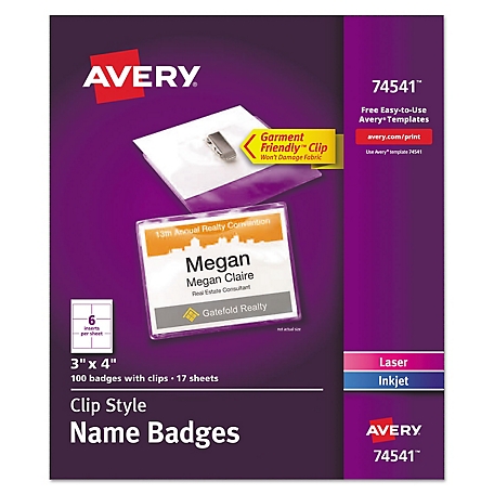 Avery Clip-Style Name Badge Holder with Laser/Inkjet Insert, Top Load, White, 3 x 4 in., 100-Pack