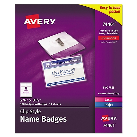 Avery Clip-Style Name Badge Holder with Laser/Inkjet Insert, Top Load, White, 100 pk.