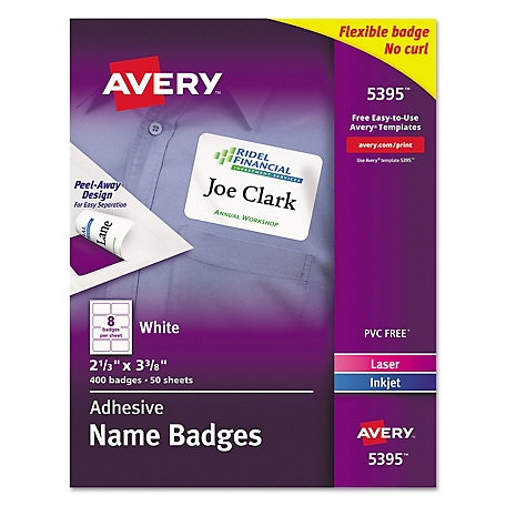 Avery Flexible Adhesive Name Badge Labels, 3.38 in. x 2.33 in., White, 400-Pack
