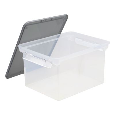 Storex Portable File Tote with Locking Handles, 18.5 in. x 14.25 in. x 10.88 in., Clear/Silver, 1.25 cu. ft., 35 lb. Capacity