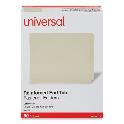 Universal Reinforced End Tab File Folders with 2 Fasteners, Straight Tab, Letter Size, Manila, 50-Pack