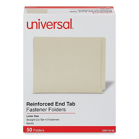 Universal Reinforced End Tab File Folders with 2 Fasteners, Straight Tab, Letter Size, Manila, 50 pk.