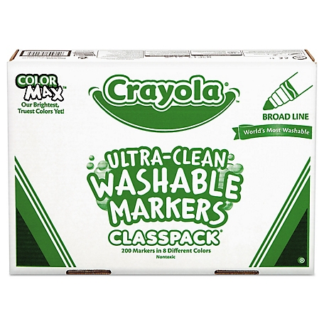 Crayola Ultra-Clean Washable Markers Class pk., Broad Bullet Tip, Assorted Colors, 200-Pack