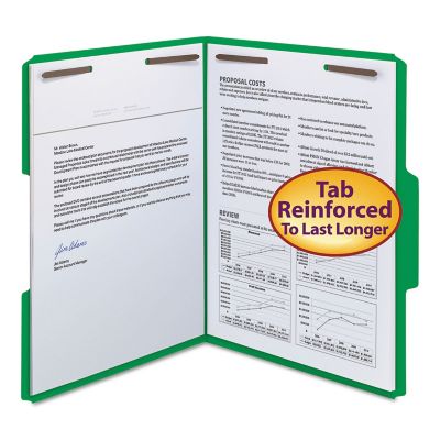 Smead Top Tab Colored 2-Fastener File Folders, 1/3-Cut Tabs, Letter Size, Green, 50 pk.
