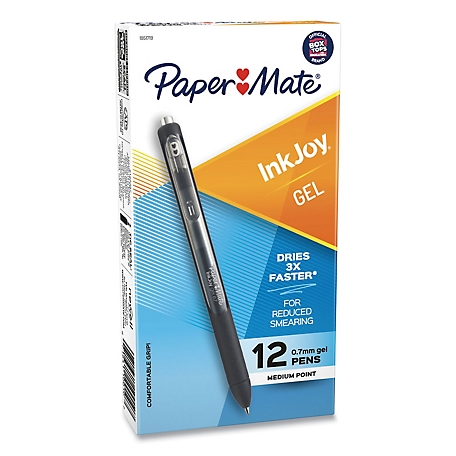 Paper Mate Inkjoy Retractable Gel Pens, Medium 0.7 mm Tip, Black Ink/Barrel, 12-Pack