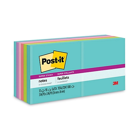 Post-it Notes Super Sticky Note Pads in Miami Colors, 3 in. x 3 in., 90 Sheets, 12-Pack