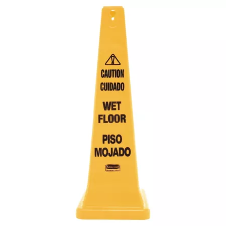 Rubbermaid Four-Sided Safety Cone for Wet Floors 36 in Yellow Safety Signs