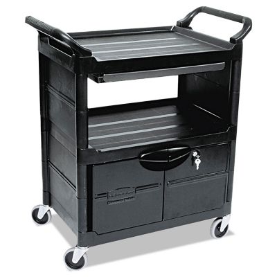 Rubbermaid 200 lb. Capacity Utility Cart with Locking Doors, Two-Shelf, 33.63 in. x 18.63 in. x 37.75 in., Black