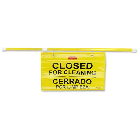 Rubbermaid 'Closed for Cleaning' Hanging Sign for Site Safety 50 in x 1 in x 13 in Multilingual Yellow Safety Signs