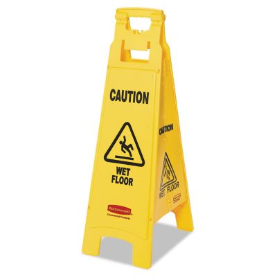 Rubbermaid 12 in. x 16 in. x 38 in. Caution Wet Floor Sign, 4-Sided, Plastic, Yellow