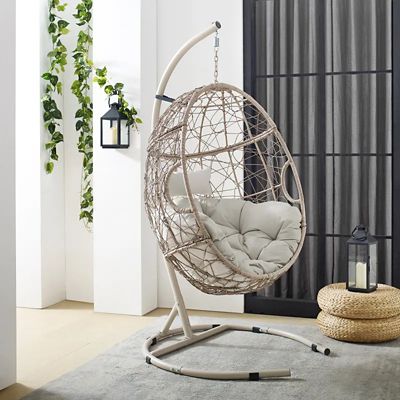 Crosley Cleo Indoor/Outdoor Wicker Hanging Egg Chair with Stand, 42 in. x 42 in. x 81 in.