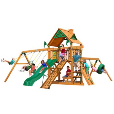 Gorilla Playsets Frontier Wood Swing Set with Wood Roof, 21 ft. 6 in. x 19 ft. x 11 ft., Ages 3-11