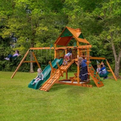 Image showing  Frontier Wood Swing Set with Wood Roof, 21 ft. 6 in. x 19 ft. x 11 ft., Ages 3-11