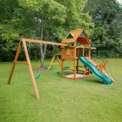 Image showing  Frontier Wood Swing Set with Wood Roof, 21 ft. 6 in. x 19 ft. x 11 ft., Ages 3-11