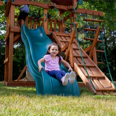 Image showing 5 th Gorilla Playsets Frontier Wood Swing Set with Wood Roof, 21 ft. 6 in. x 19 ft. x 11 ft., Ages 3-11
