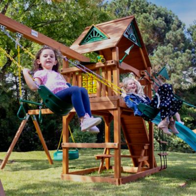 Image showing 6 th Gorilla Playsets Frontier Wood Swing Set with Wood Roof, 21 ft. 6 in. x 19 ft. x 11 ft., Ages 3-11
