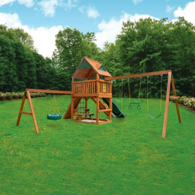 Image showing 7 th Gorilla Playsets Frontier Wood Swing Set with Wood Roof, 21 ft. 6 in. x 19 ft. x 11 ft., Ages 3-11