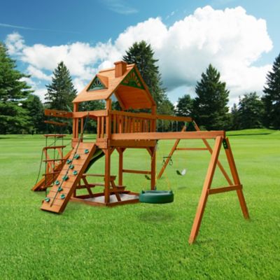 Image showing 8 th Gorilla Playsets Frontier Wood Swing Set with Wood Roof, 21 ft. 6 in. x 19 ft. x 11 ft., Ages 3-11