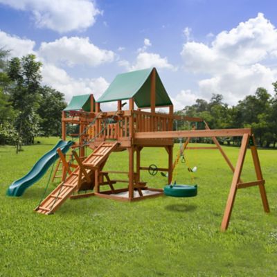 Image showing  Pioneer Peak Wood Swing Set with Green Vinyl Canopy, 22 ft. 6 in. x 23 ft. x 11 ft.