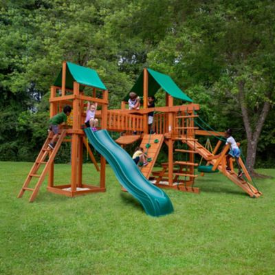 Image showing 5 th Gorilla Playsets Pioneer Peak Wood Swing Set with Green Vinyl Canopy, 22 ft. 6 in. x 23 ft. x 11 ft.