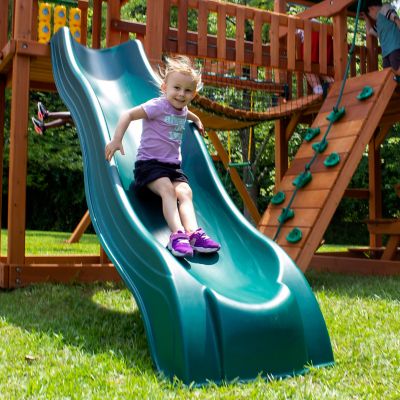Image showing 6 th Gorilla Playsets Pioneer Peak Wood Swing Set with Green Vinyl Canopy, 22 ft. 6 in. x 23 ft. x 11 ft.