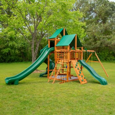Image showing 8 th Gorilla Playsets Great Skye II Wood Swing Set, Deluxe Green Vinyl Canopy, 19 ft. 6 in. x 27 ft. x 13 ft., Age 3-11, 01-0031-AP-1