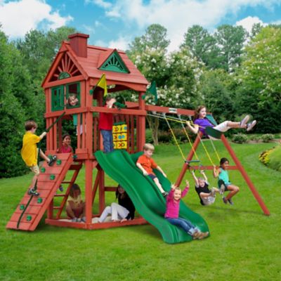 Image showing 8 th Gorilla Playsets Double Down II Wood Swing Set, 13 ft. Diameter x 15 ft. 6 in. x 10 ft. 6 in., Ages 3-11