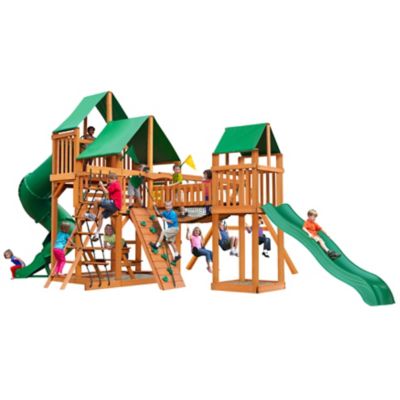 Gorilla Playsets Treasure Trove I Wood Swing Set w? Deluxe Green Vinyl Canopy, 800 lb. Capacity, 27 ft. 6 in. x 19 ft. x 13 ft.