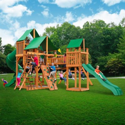 Image showing  Treasure Trove I Wood Swing Set w? Deluxe Green Vinyl Canopy, 800 lb. Capacity, 27 ft. 6 in. x 19 ft. x 13 ft.