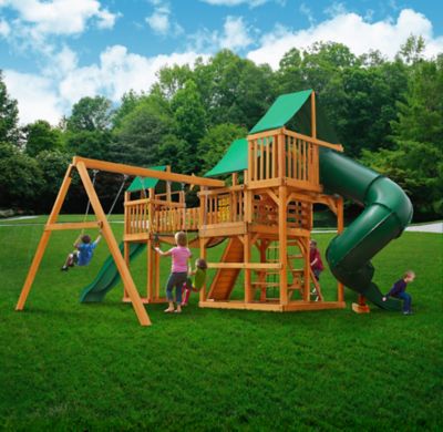 Image showing 6 th Gorilla Playsets Treasure Trove I Wood Swing Set w? Deluxe Green Vinyl Canopy, 800 lb. Capacity, 27 ft. 6 in. x 19 ft. x 13 ft.