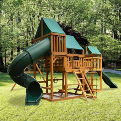 Image showing 9 th Gorilla Playsets Treasure Trove I Wood Swing Set w? Deluxe Green Vinyl Canopy, 800 lb. Capacity, 27 ft. 6 in. x 19 ft. x 13 ft.