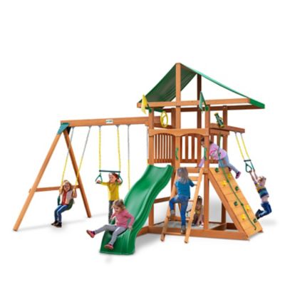 Gorilla Playsets Avalon Wood Swing Set with Vinyl Canopy and Trapeze Arm, Ages 3-11