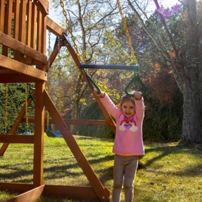 Image showing  Avalon Wood Swing Set with Vinyl Canopy and Trapeze Arm, Ages 3-11