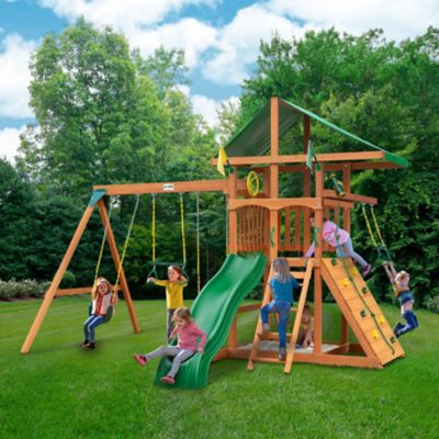 Image showing 6 th Gorilla Playsets Avalon Wood Swing Set with Vinyl Canopy and Trapeze Arm, Ages 3-11
