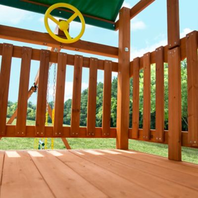 Image showing 8 th Gorilla Playsets Avalon Wood Swing Set with Vinyl Canopy and Trapeze Arm, Ages 3-11
