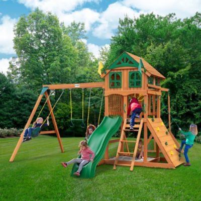 Image showing 5 th Gorilla Playsets Avalon Wooden Swing Set with Wood Roof and Monkey Bars, Ages 3-11