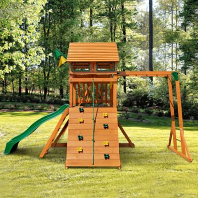 Image showing 7 th Gorilla Playsets Avalon Wooden Swing Set with Wood Roof and Monkey Bars, Ages 3-11