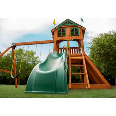 Image showing 8 th Gorilla Playsets Avalon Wooden Swing Set with Wood Roof and Monkey Bars, Ages 3-11