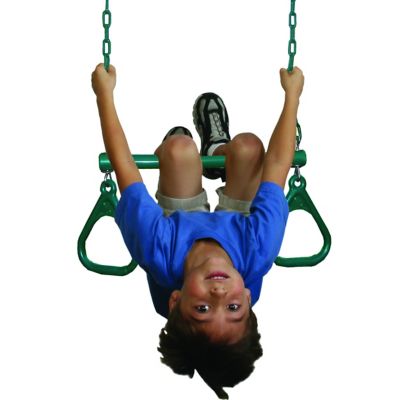 Image showing 7 th Gorilla Playsets 17 in. Trapeze Bar Assembly with Rings and Coated Chains, 125 lb. Capacity, Ages 3-11, Green